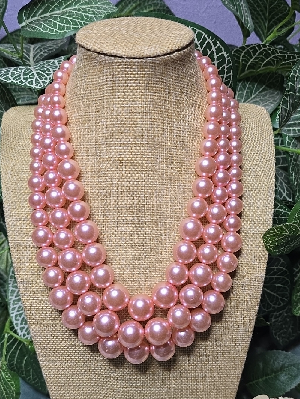 Pastel Pink 3-Tier Classic Faux Pearl Strand Statement Necklace Adjustable